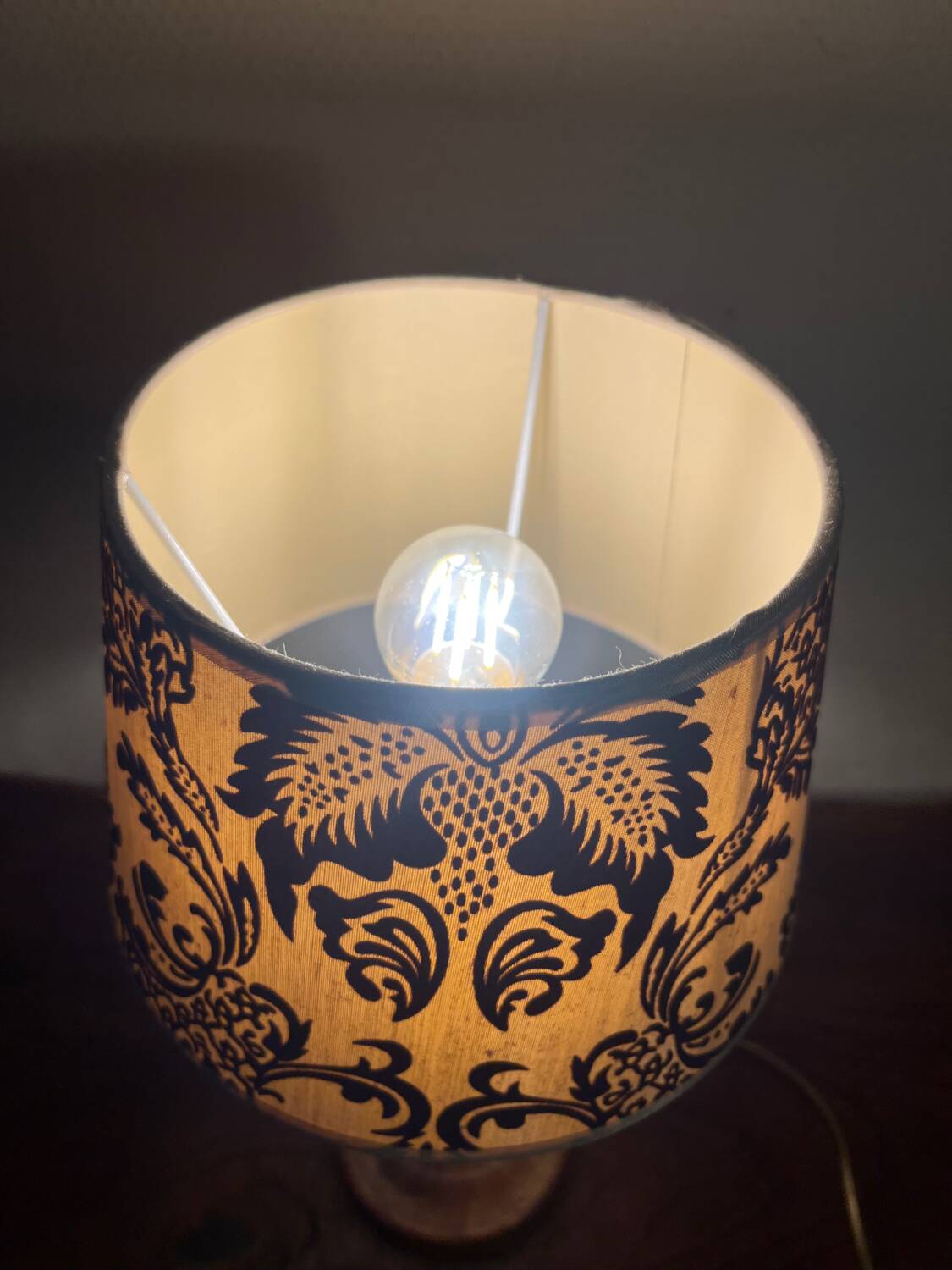Solid wood table lamp with baroque shade from the 70s