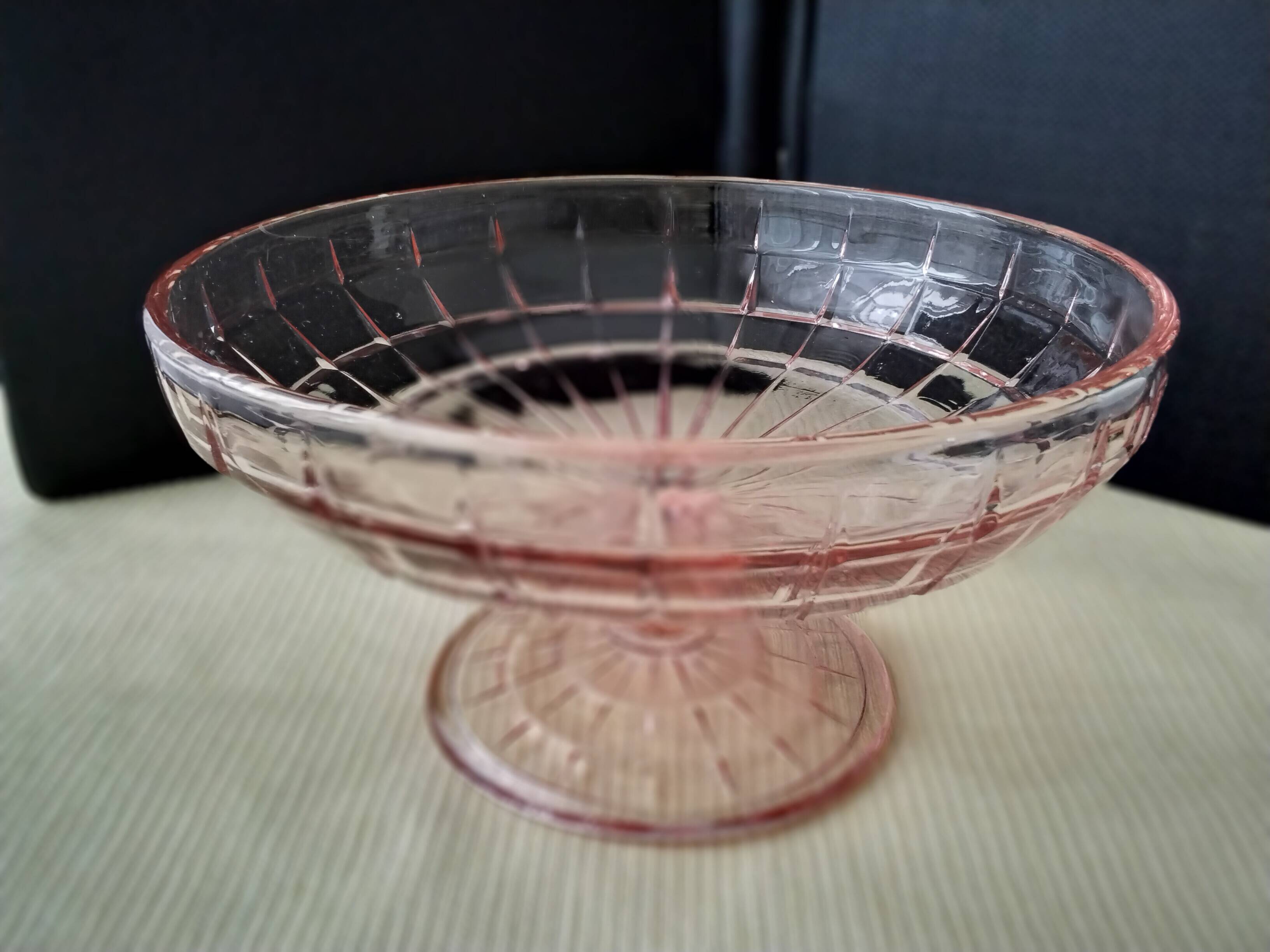 Footed bowl, pressed glass compote in pink Art Deco style.