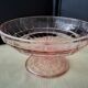 Footed bowl, pressed glass compote in pink Art Deco style.