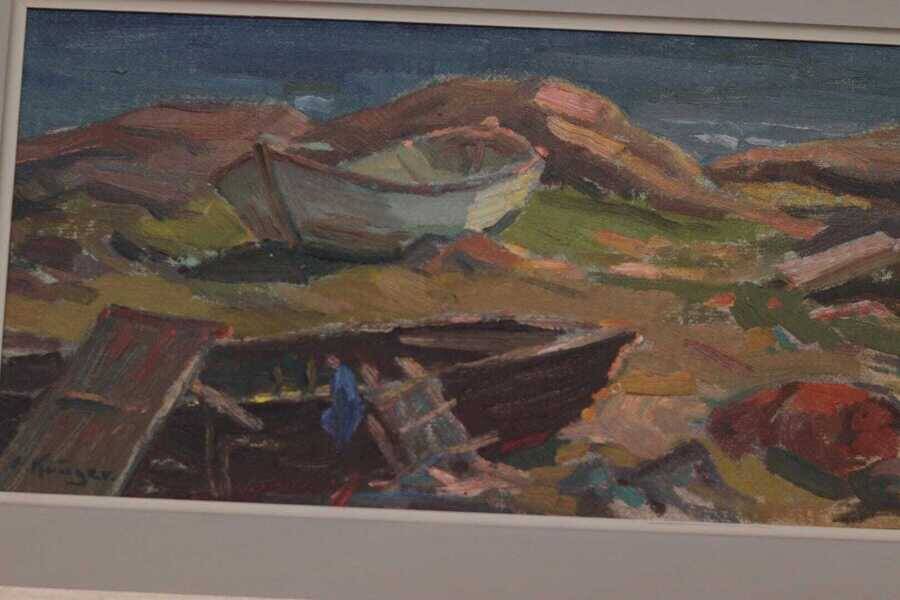 Original mid-century Swedish oil on panel – “Coast” by E. Kruger – vintage & framed – 49 × 33 cm