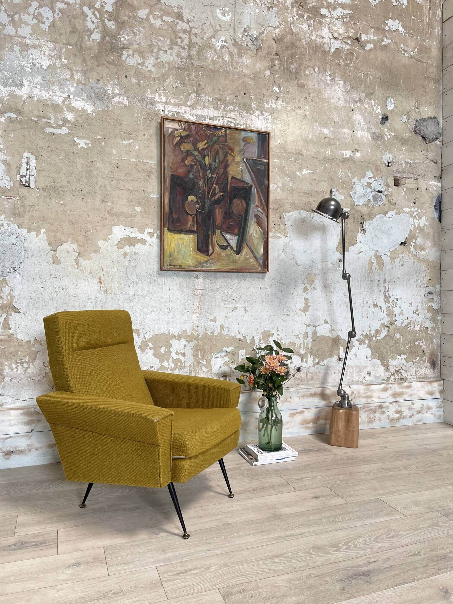 Vintage armchair in fabric and metal compass legs, circa 1950.