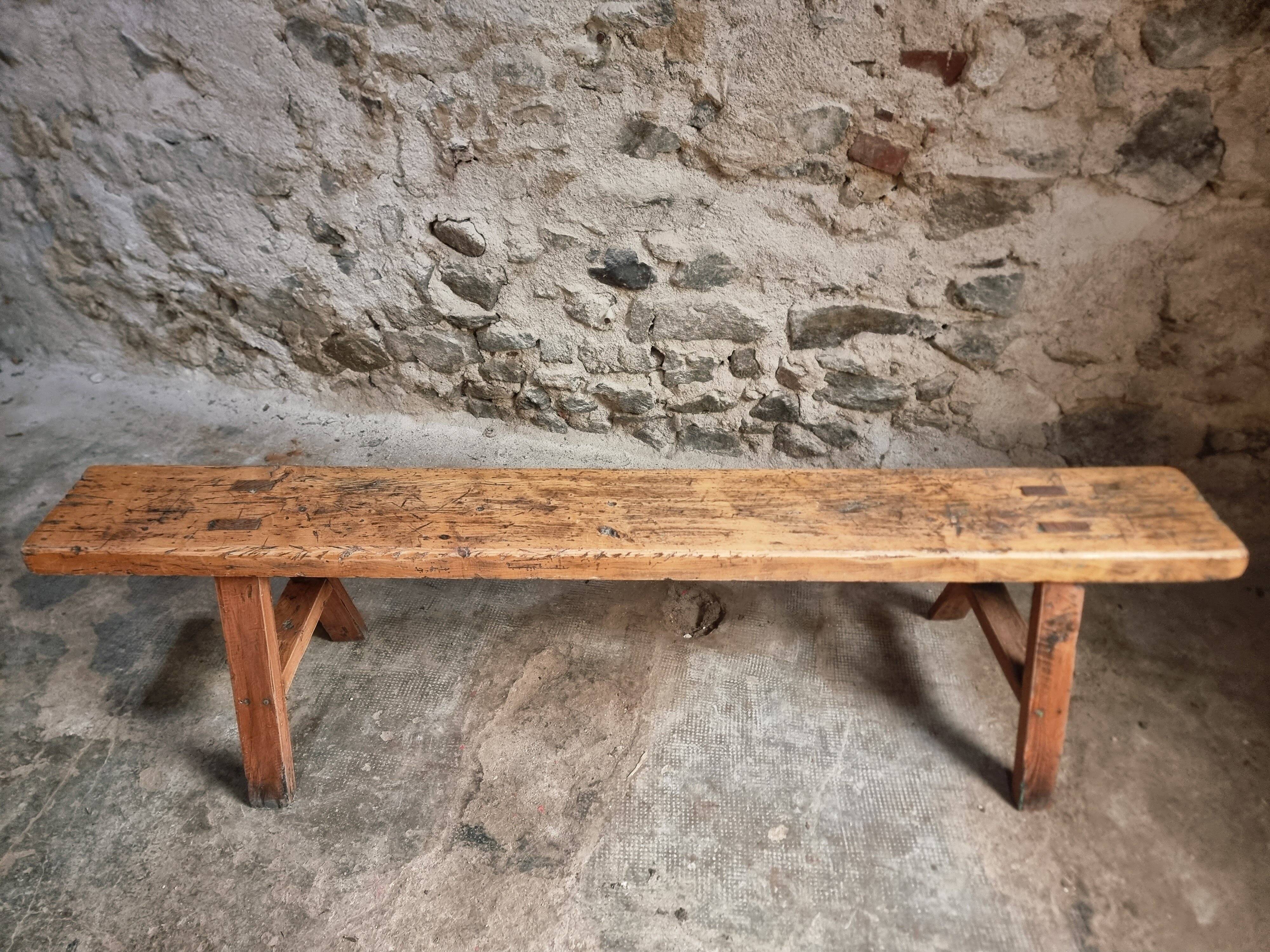 Rustic old wooden bench – early 20th century – seat in solid pine and base in chestnut.