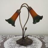 Vintage Bronze Effect Metal Lily Pad Double Light Table Lamp Tulip Shades