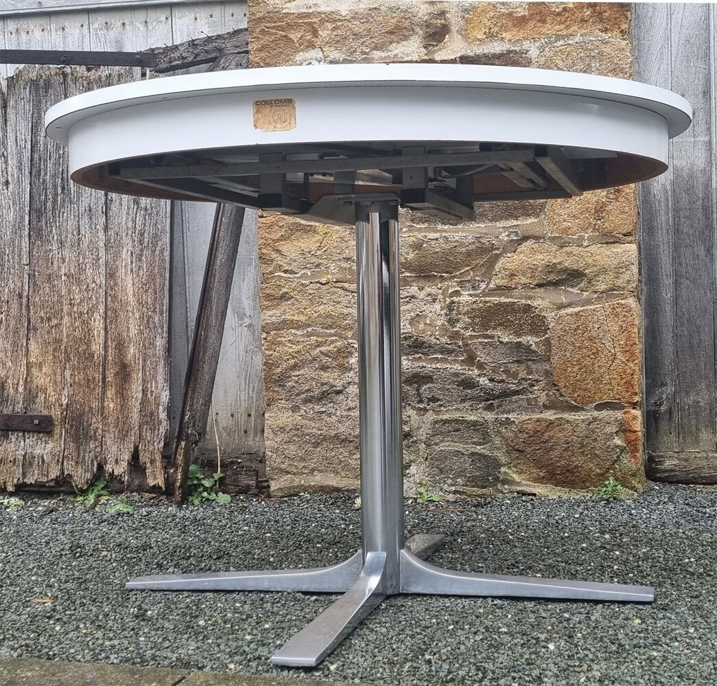 Round table in white formica, retractable, vintage, Collomb creation, 70s