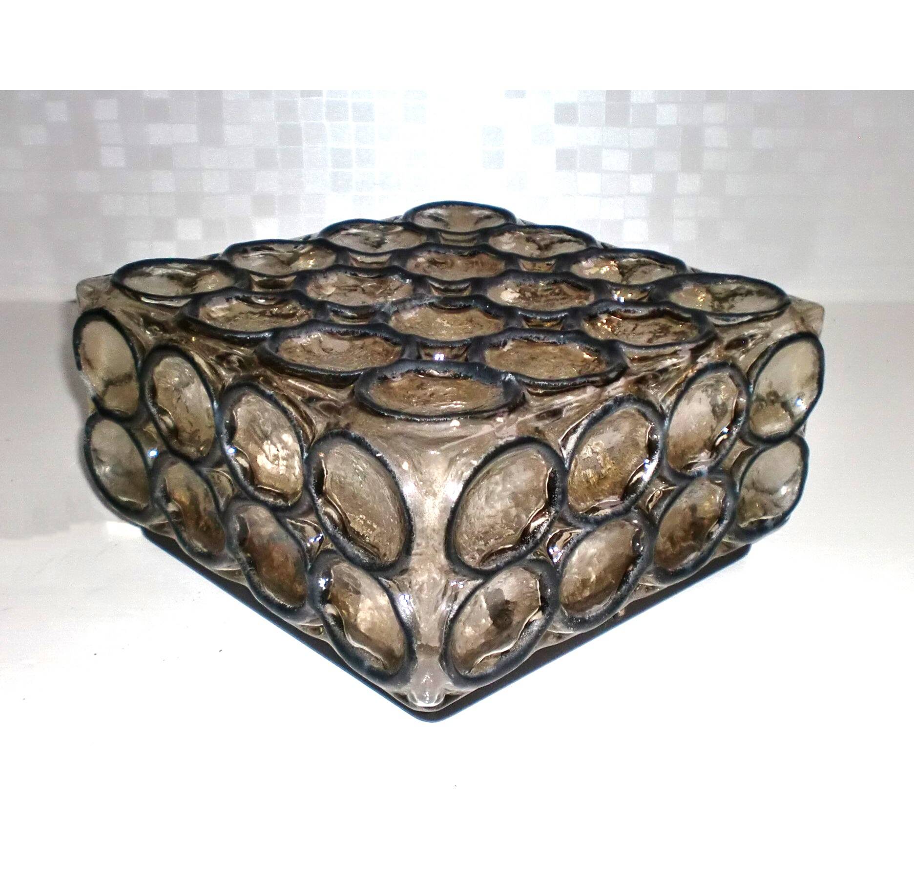 Vintage 1960s German iron ring glass ceiling lamp by Limburg