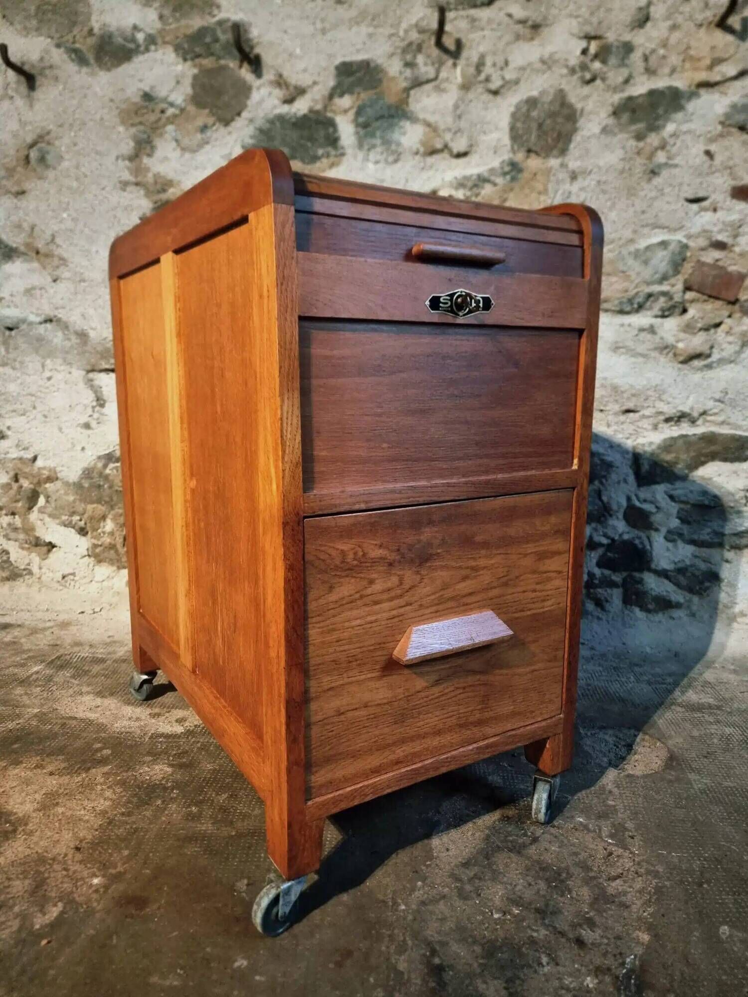 Vintage French oak office rolling cabinet with tambour door, 1950s.