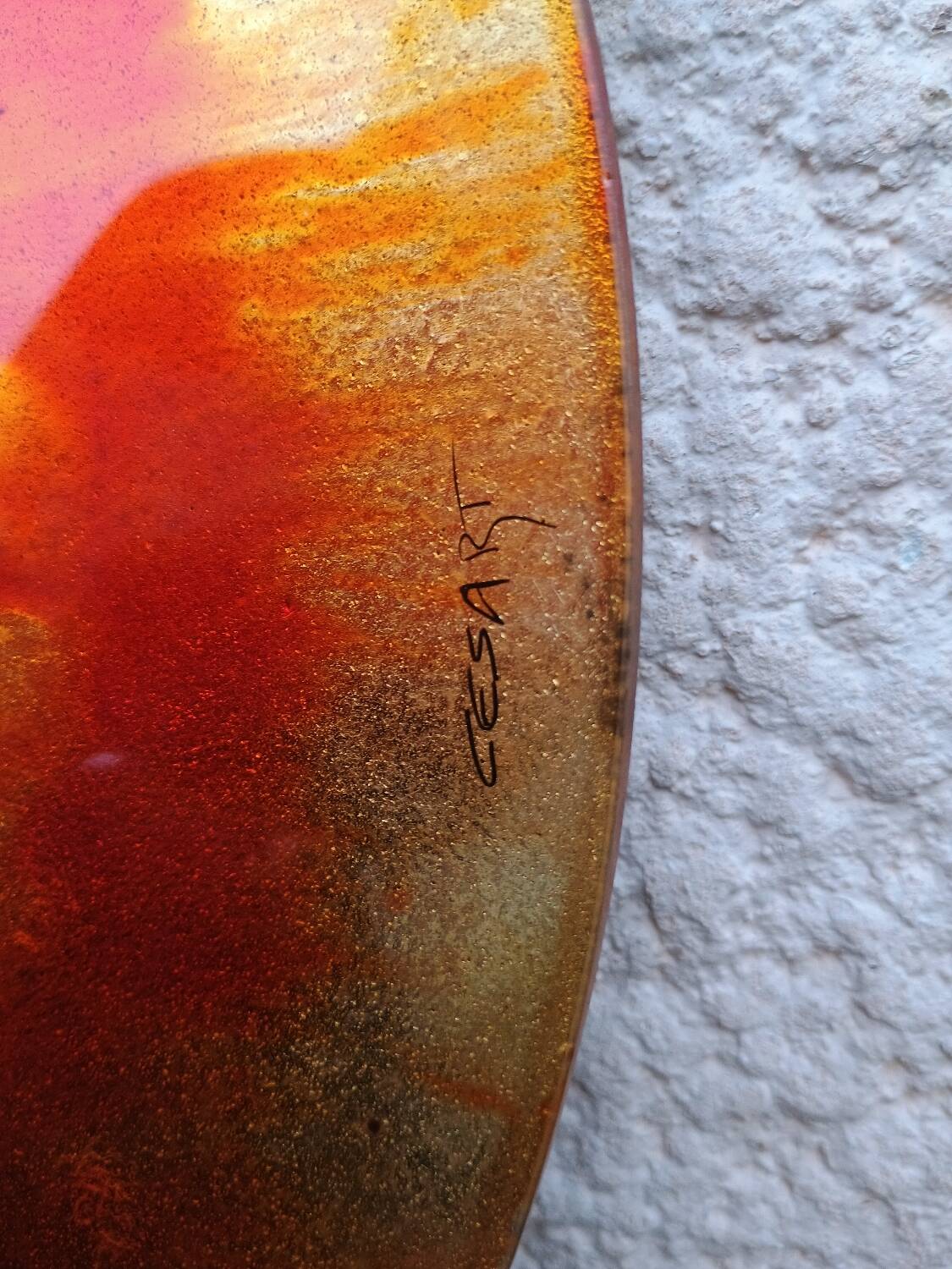 Contemporary decorative glass plate signed Cesart Italy 1980 glazed