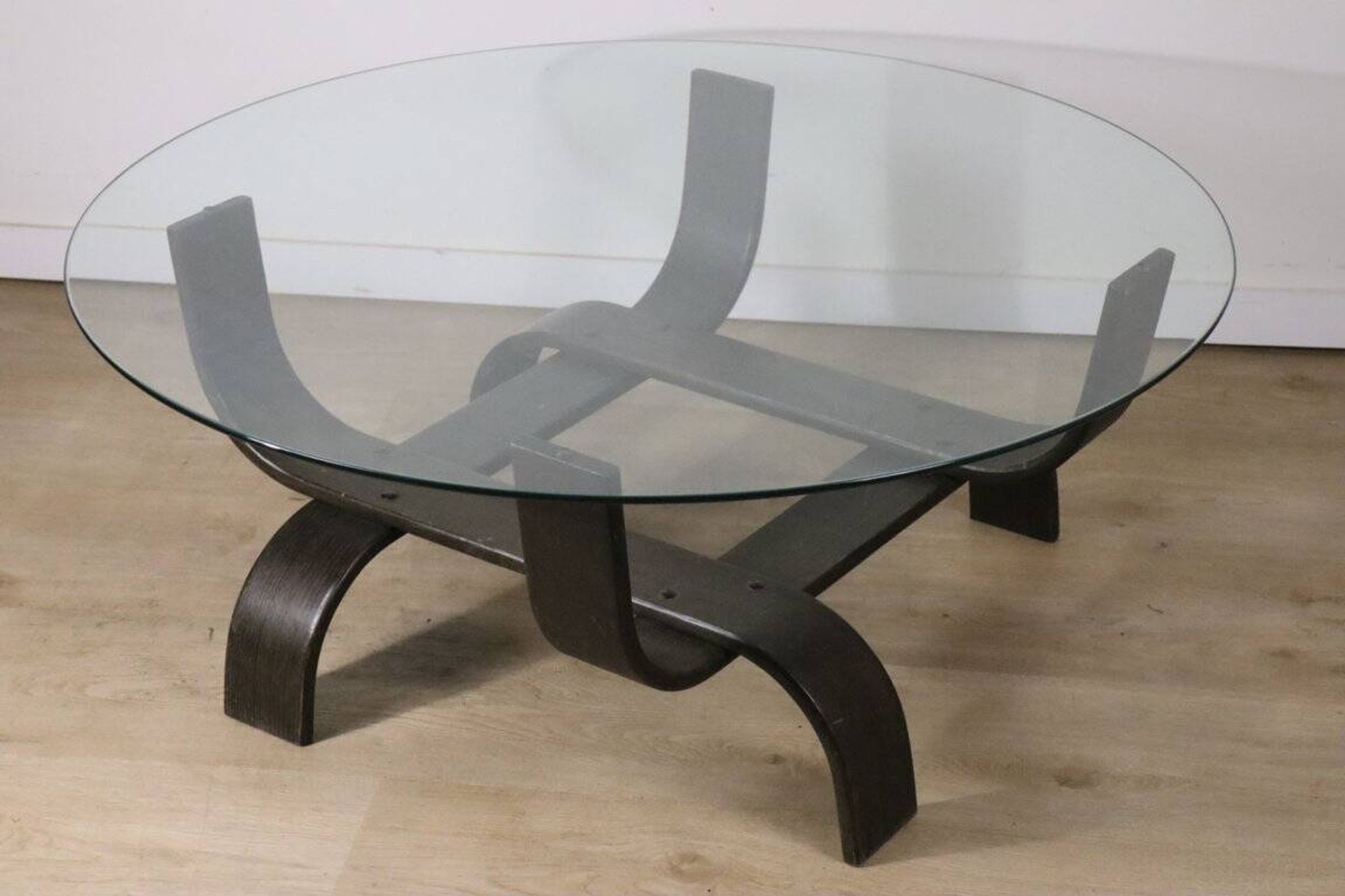 Vintage Fubo coffee table – curved wood & smoked glass – 1970s