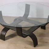 Vintage Fubo coffee table – curved wood & smoked glass – 1970s