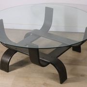 Vintage Fubo coffee table – curved wood & smoked glass – 1970s