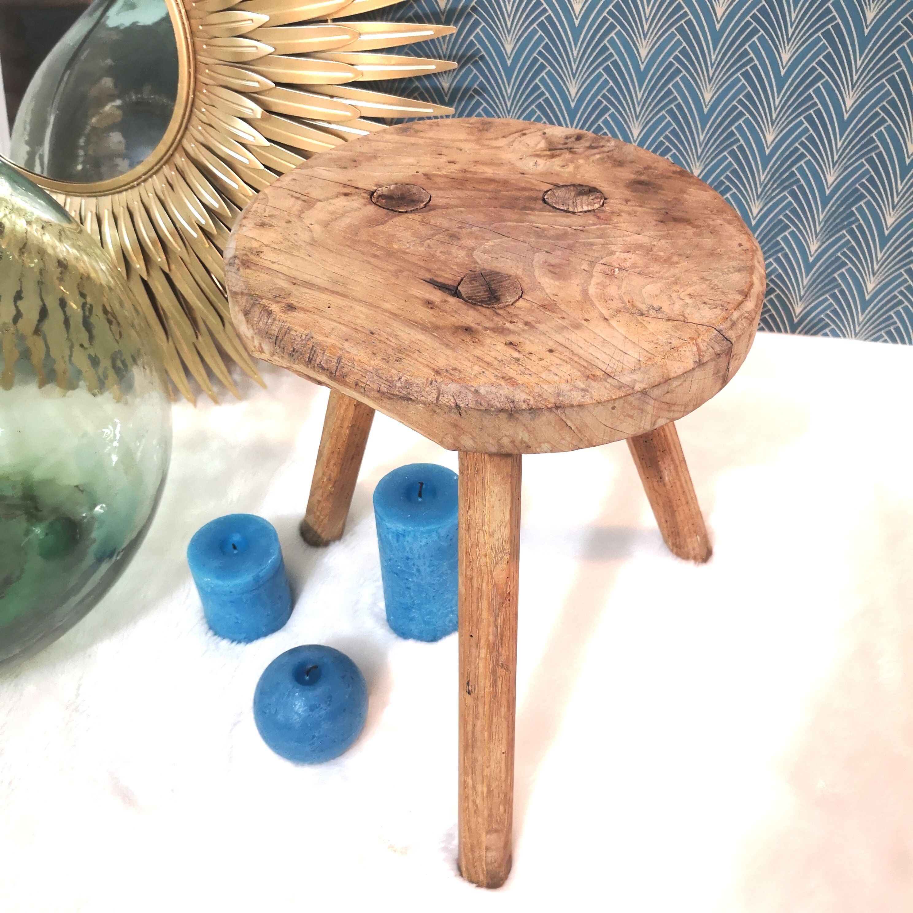 Raw wooden tripod stool