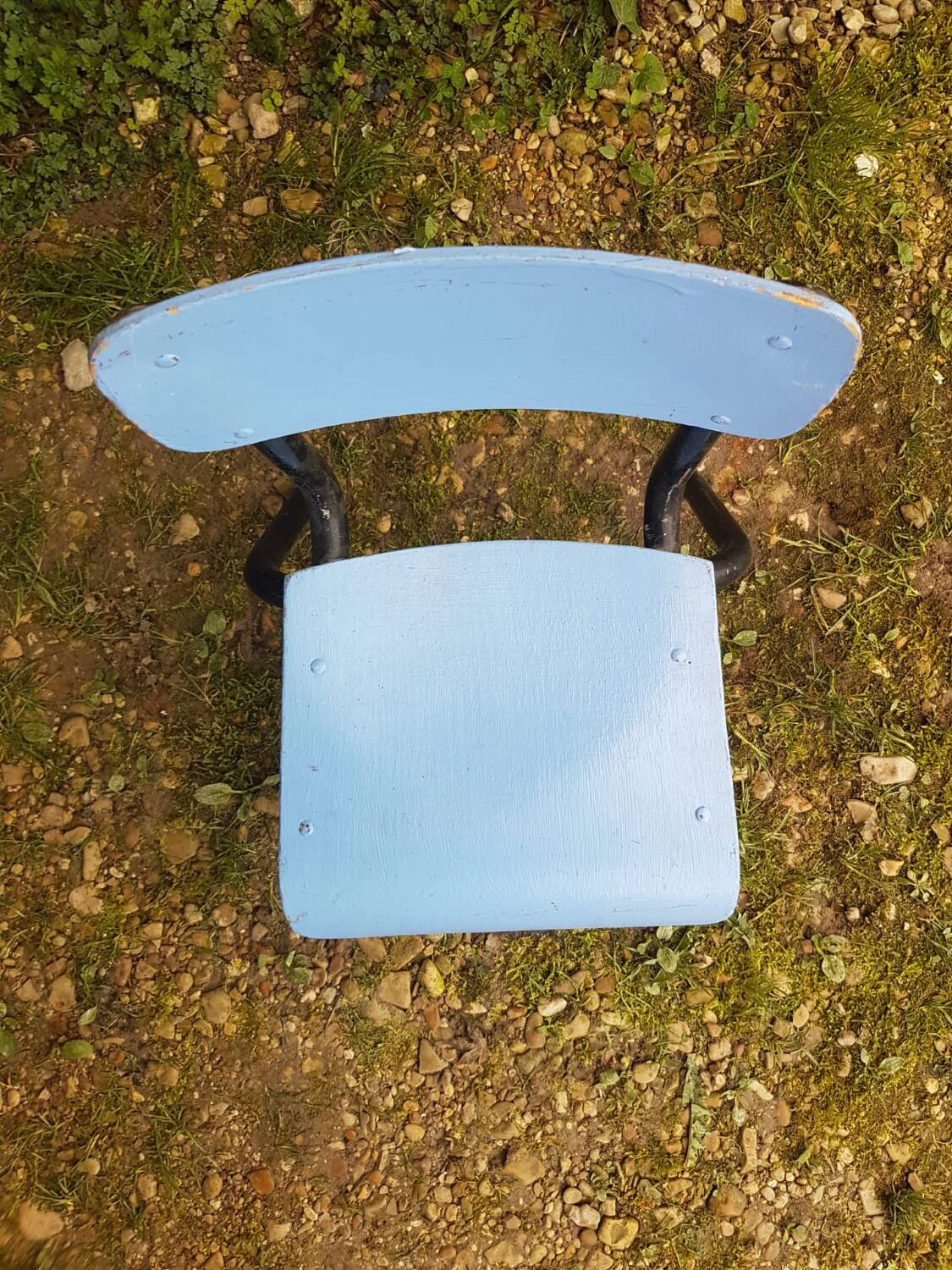 Mullca style children's chair black metal tube + vintage wood seat & back #a663