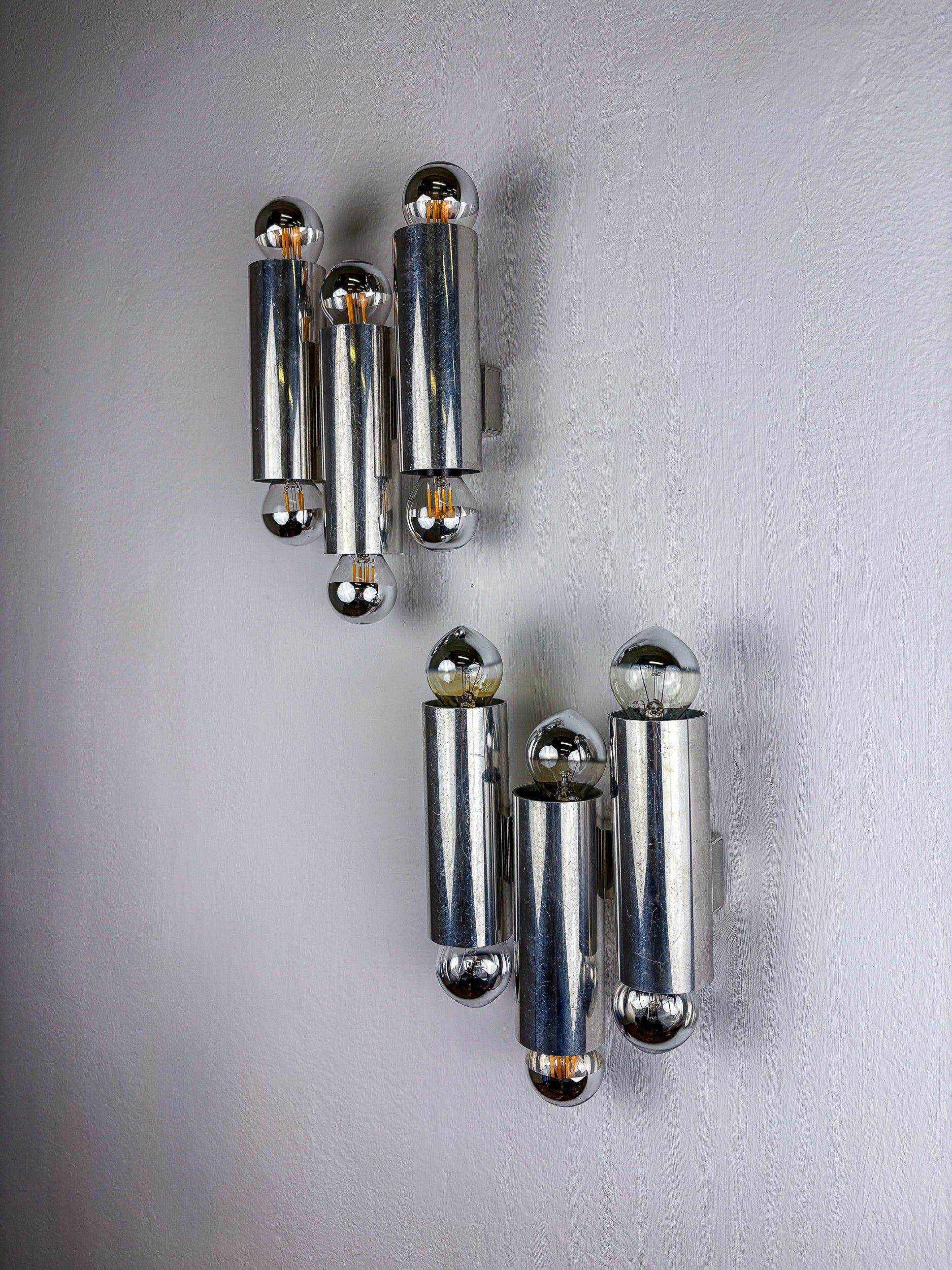 Pair of Gaetano Sciolari tubular chrome wall sconces, Italy 1970s