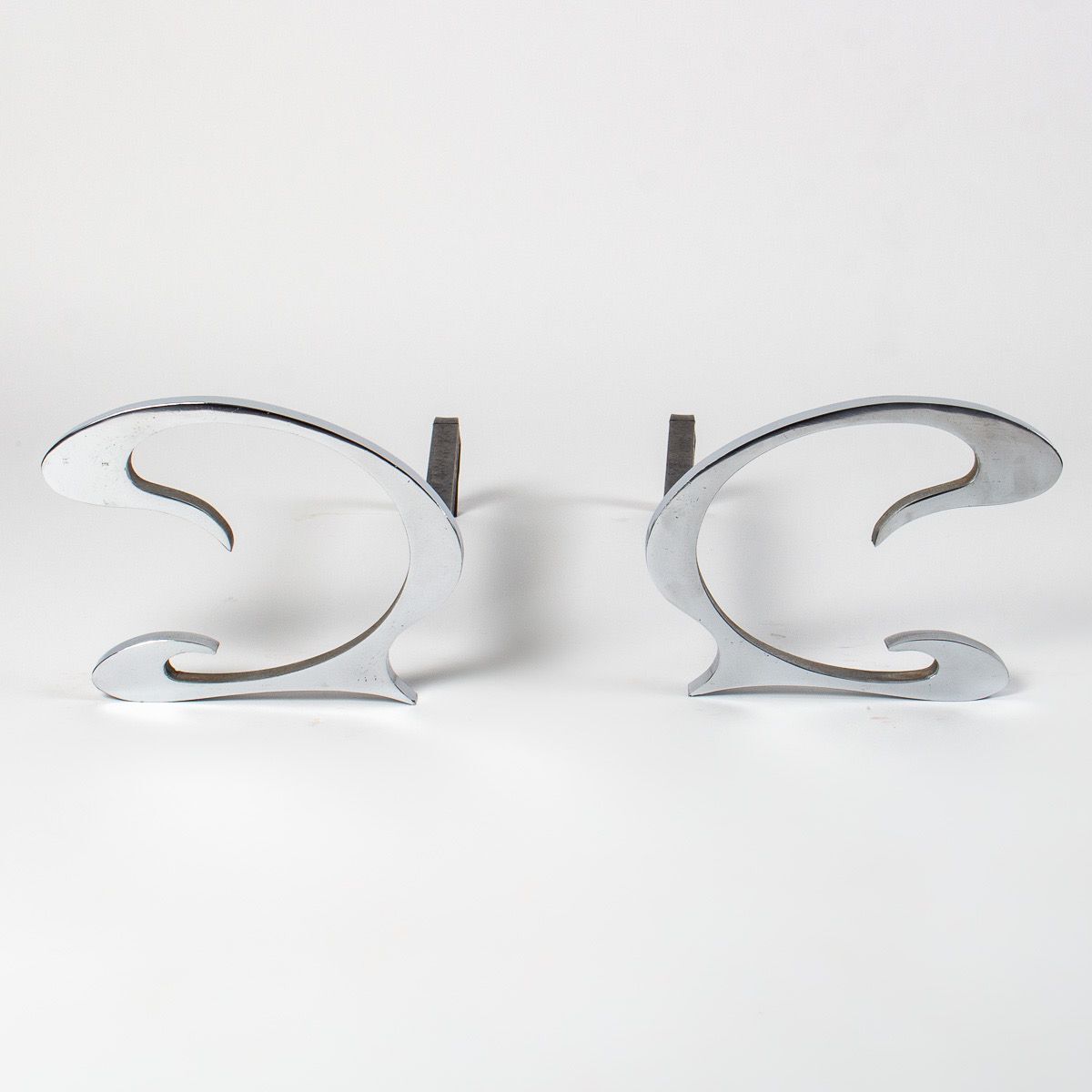 Pair of brushed steel chenets by Jean-Paul Créations circa 1970s