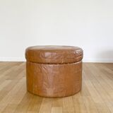 Pouf coffre patchwork cuir cognac
