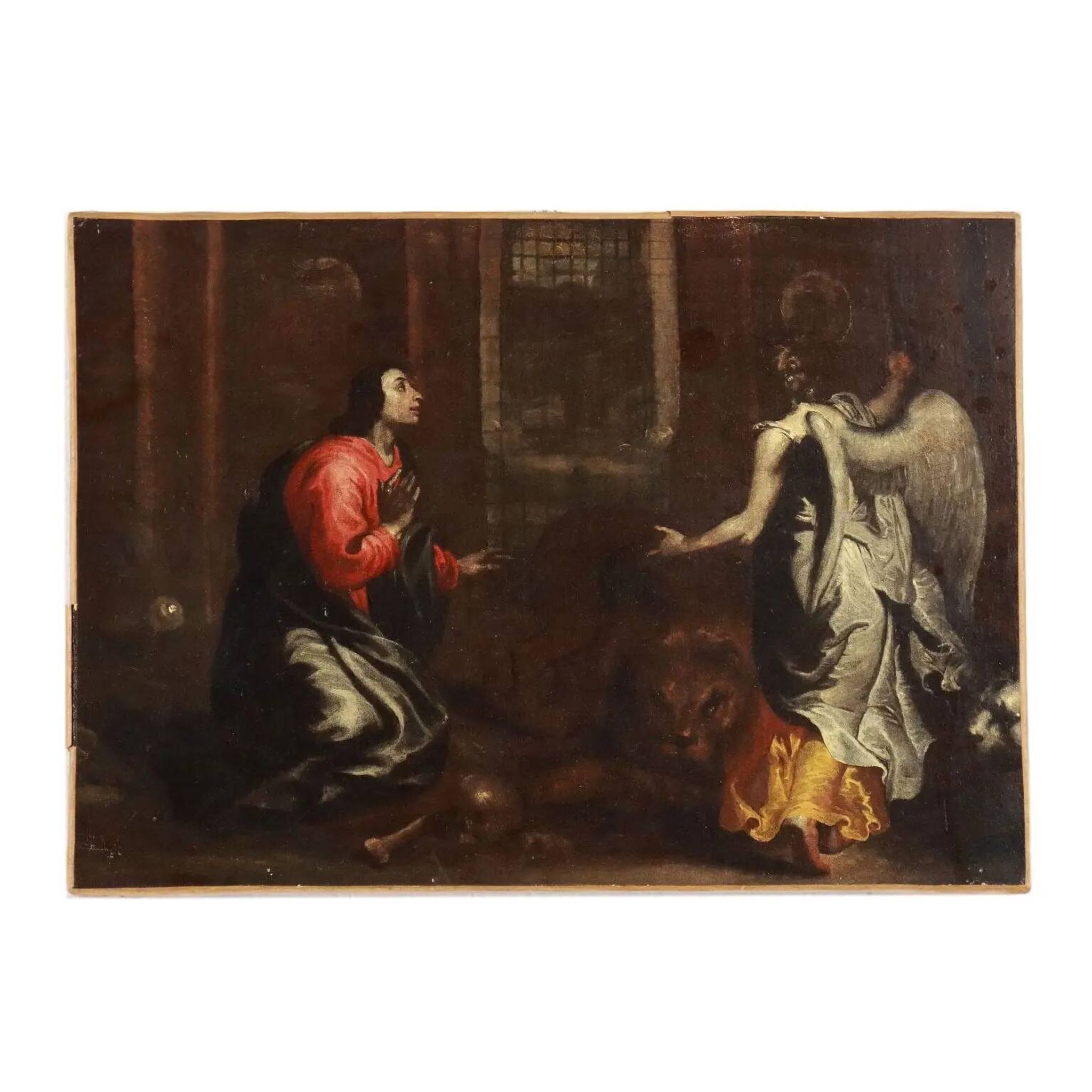 Painting of Daniel in the lion's den, oil on canvas, 17th century.