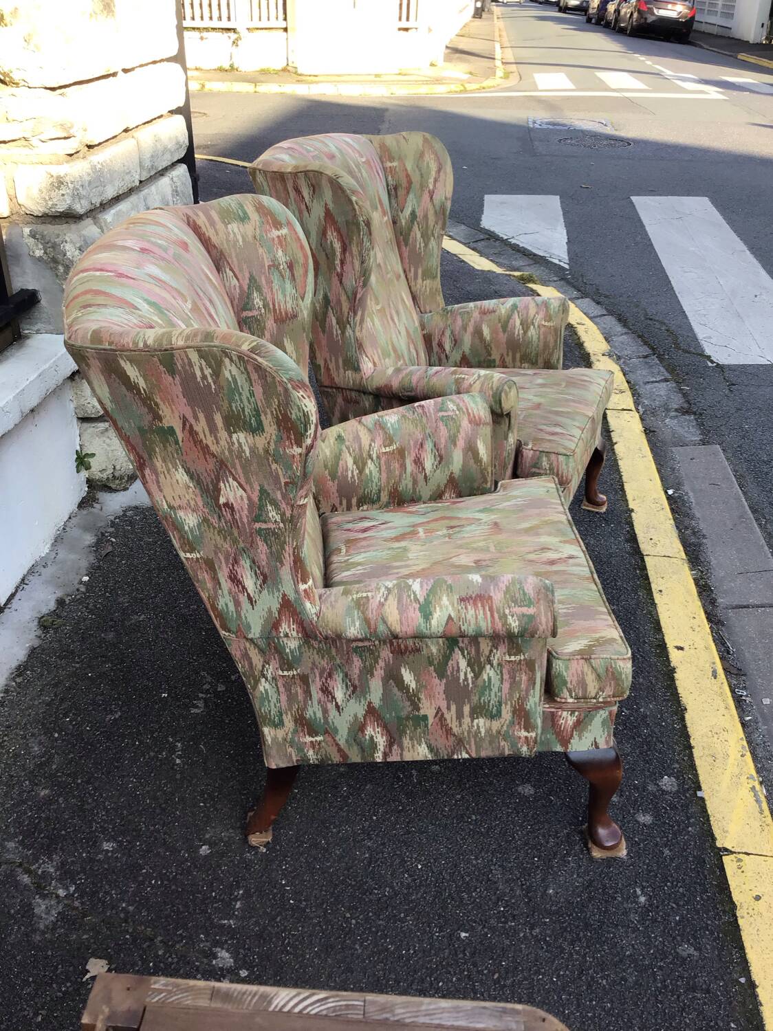 Old pair of Knoll Parker fabric armchairs
