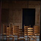 Set of 8 modern Italian dining chairs, beech with woven seats, 1960s.