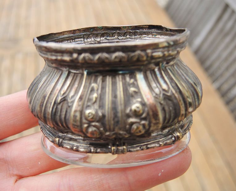 Old pair of oval metal salt shakers with louis xvi style verrine
