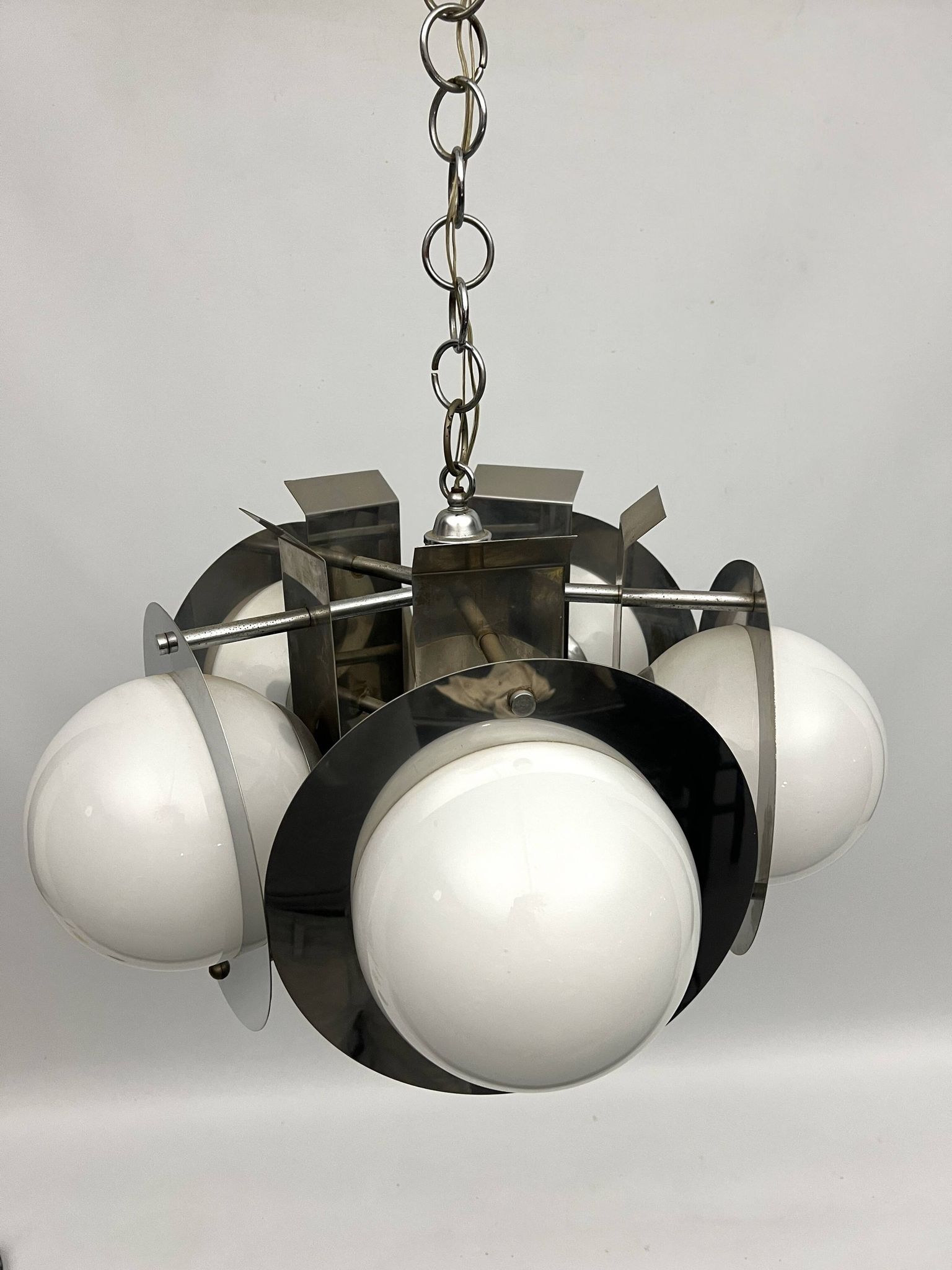 Space Age five lights chandelier in chrome and white glass. Italy 1970s
