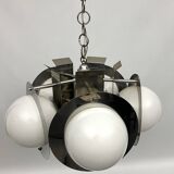 Space Age five lights chandelier in chrome and white glass. Italy 1970s