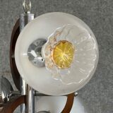 Vintage chandelier in chromed metal and wood with 3 Murano glass globes