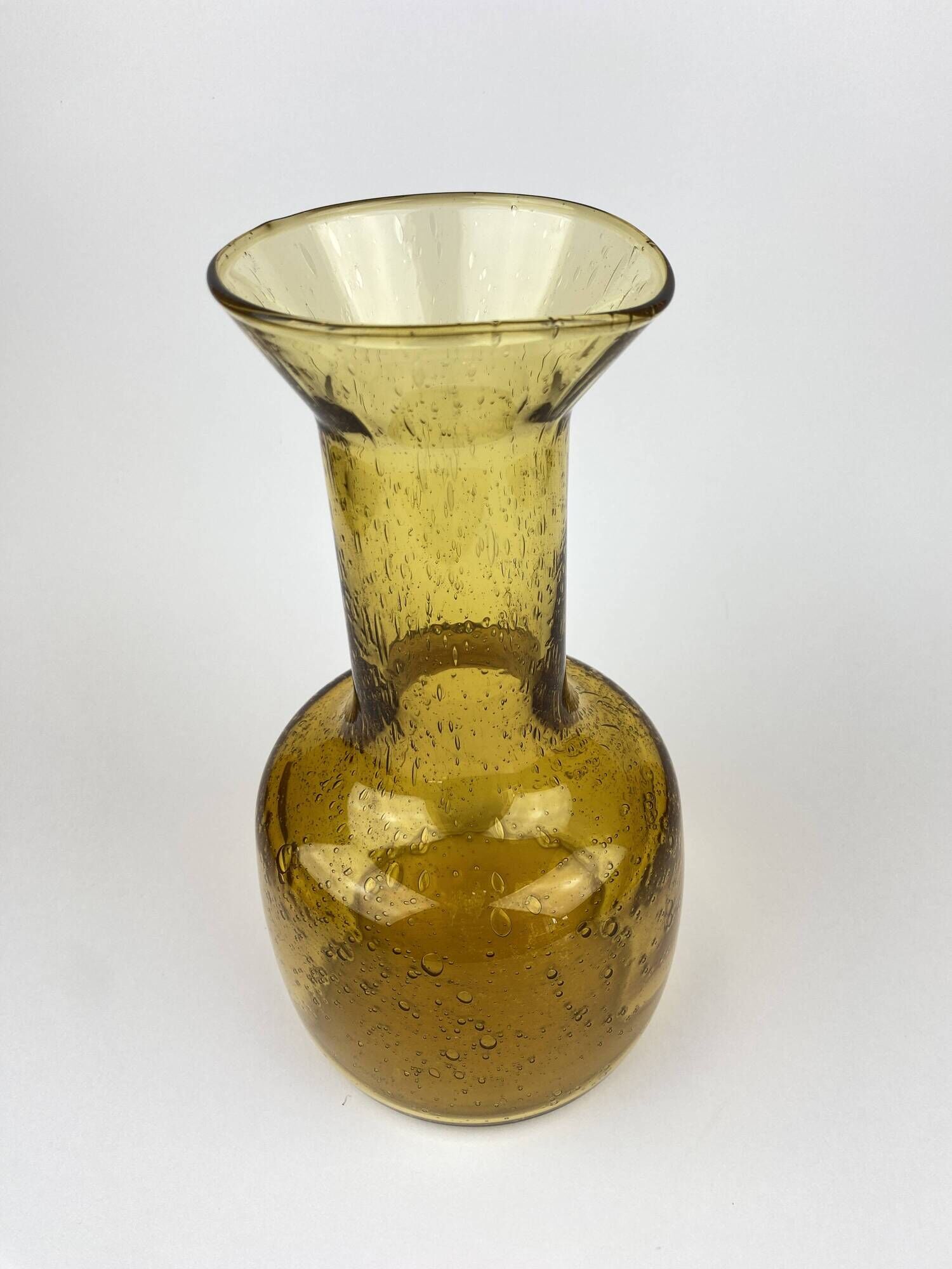 Ancien Vase Carafe Verre Soufflé Bullé Ambré Jaune