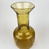 Ancien Vase Carafe Verre Soufflé Bullé Ambré Jaune