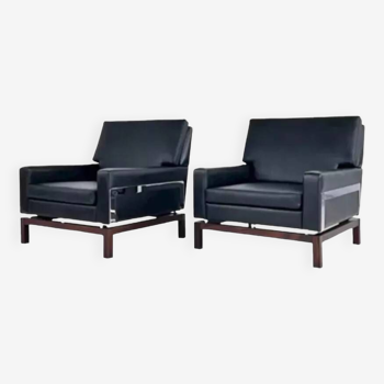 Pair of 50s - 60s armchairs in imitation leather, wood and chrome