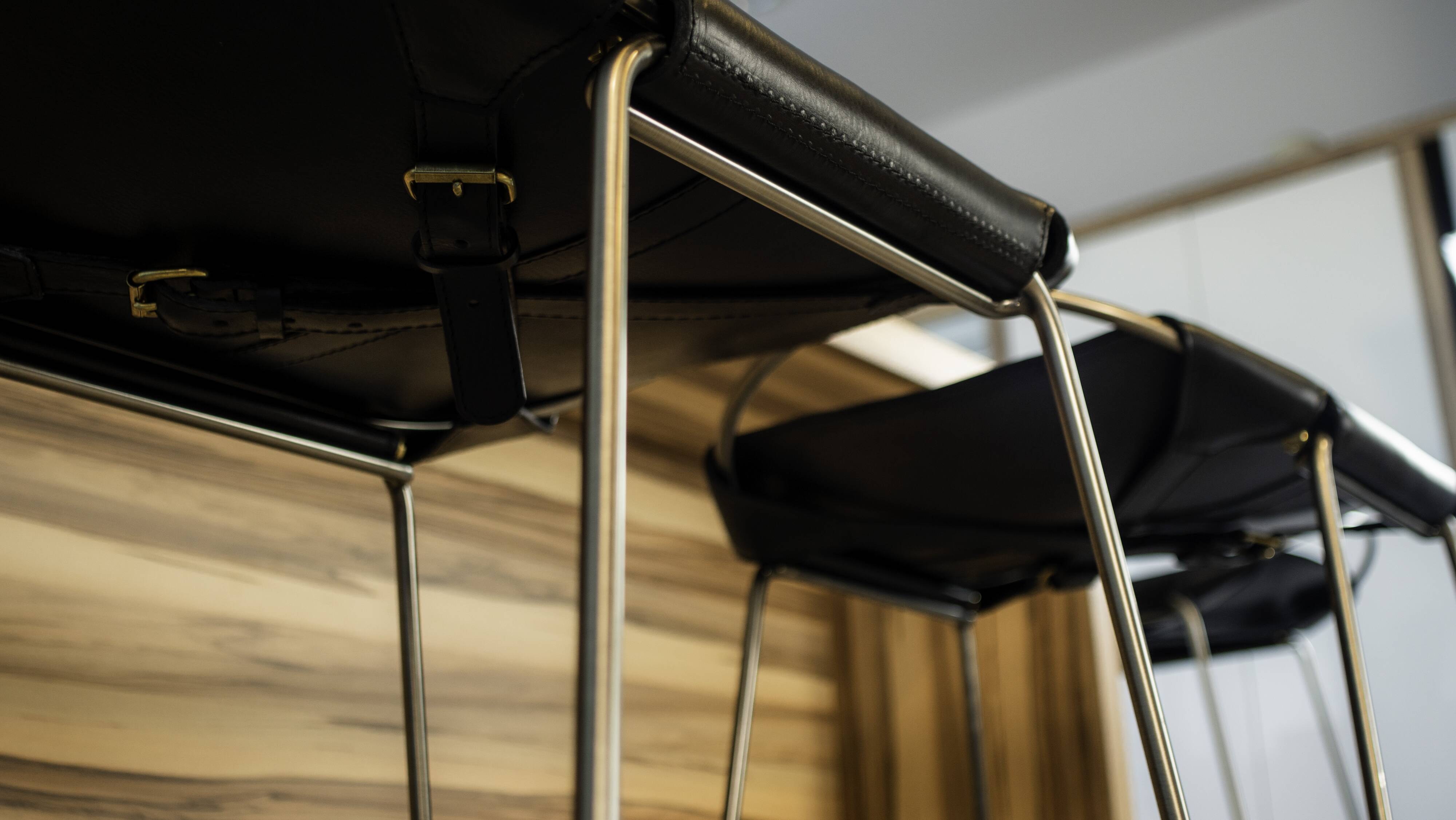 Contemporary Kitchen CounterStool Black Smoke Metal & Dark Brown Leather