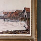 Mid-Century Modern Swedish "Coastal Sunset" Vintage Seascape Oil Painting, Framed