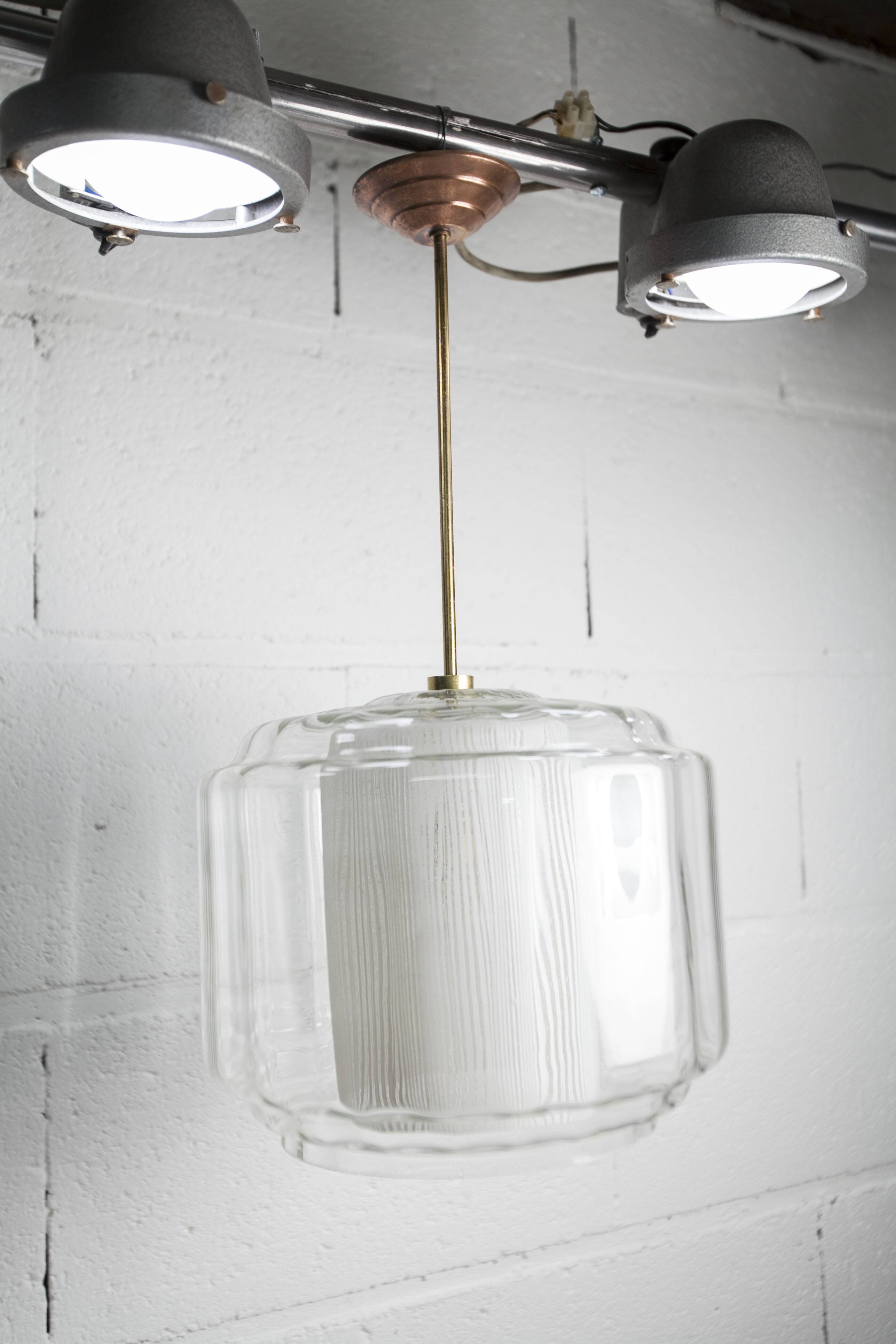 Chandelier 1930 double Opaline blown glass brass and copper