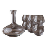 Carafe en verre clair vintage avec 6 verres à vin ronds - design intemporel italien des années 1980, décoration de table élégante.