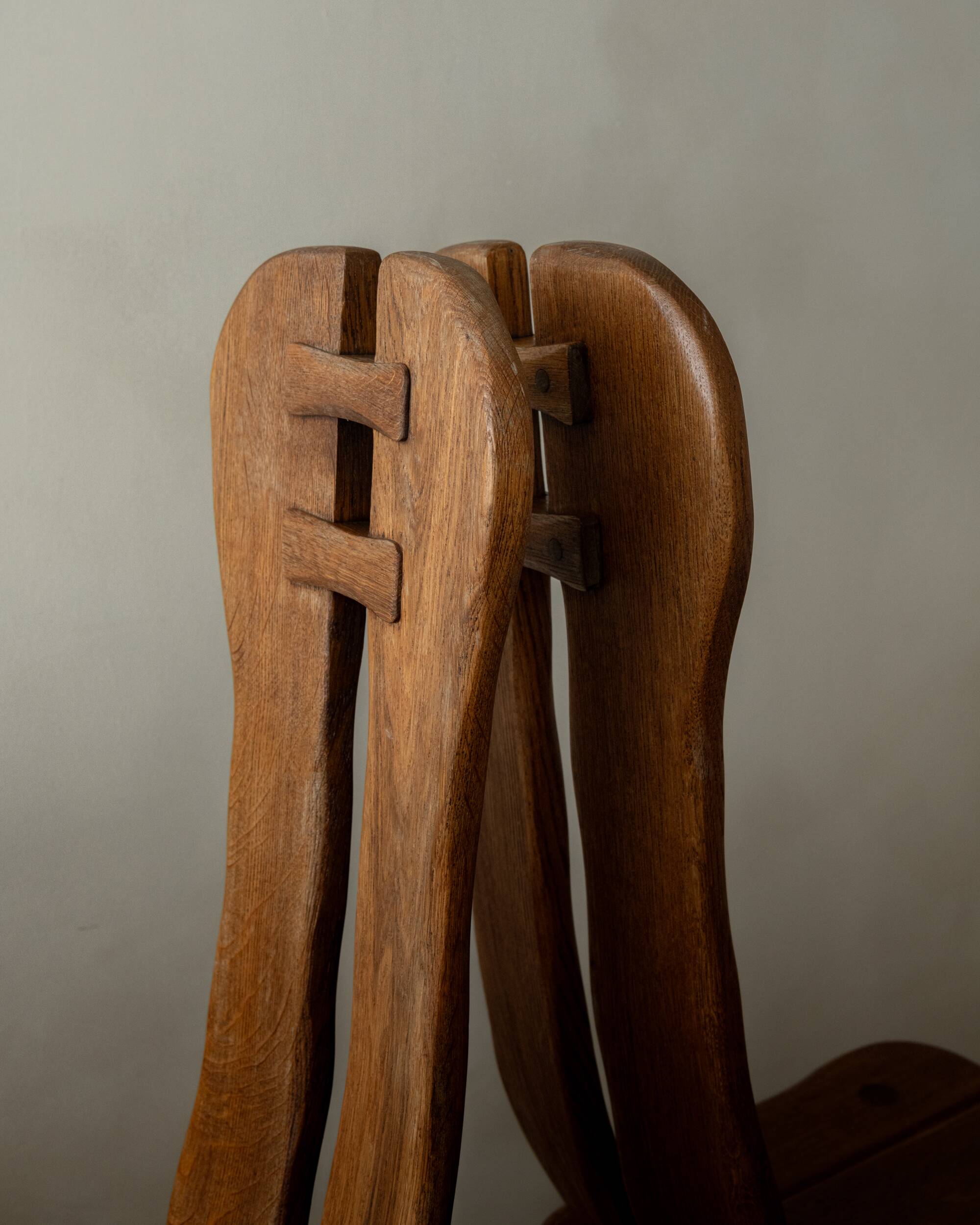 Brutalist Oak Dining Chairs Sculptural Backs by De Puydt, 1960s, Set of 4