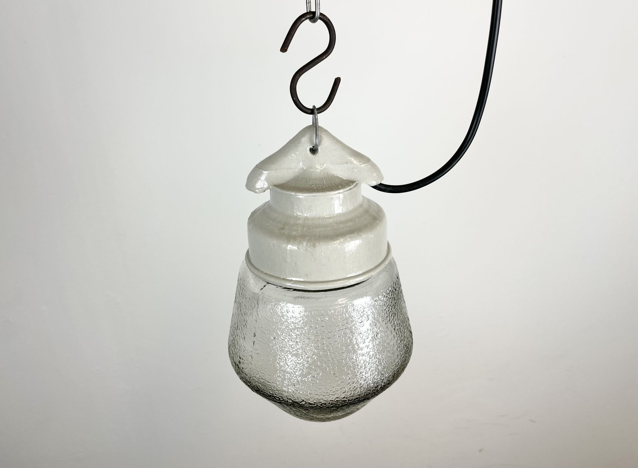 Industrial White Porcelain Pendant Light with Frosted Clear Glass, 1970s