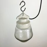 Industrial White Porcelain Pendant Light with Frosted Clear Glass, 1970s