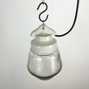 Industrial White Porcelain Pendant Light with Frosted Clear Glass, 1970s