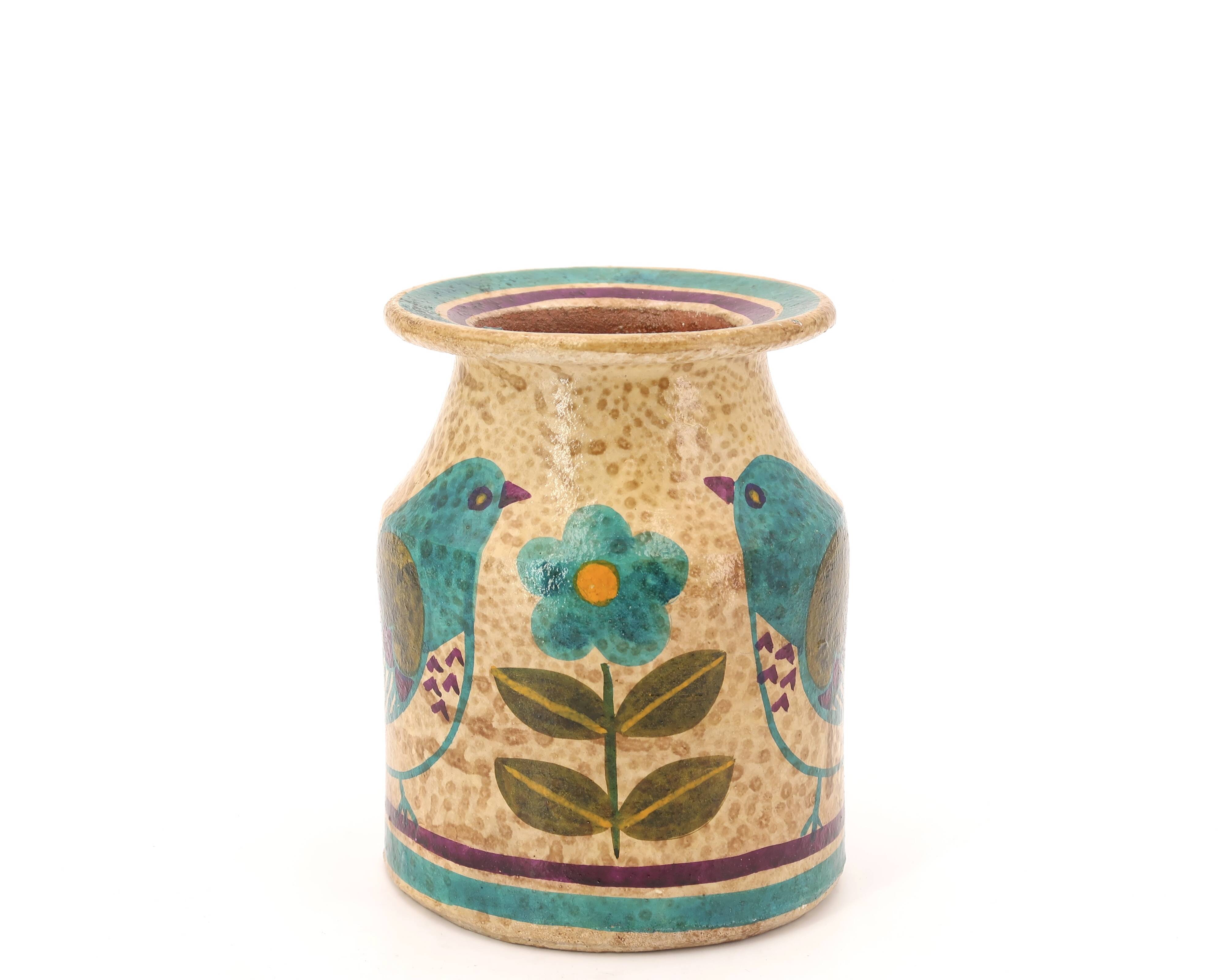 Vase Carmo Saude en céramique décor oiseaux et fleurs, années 70