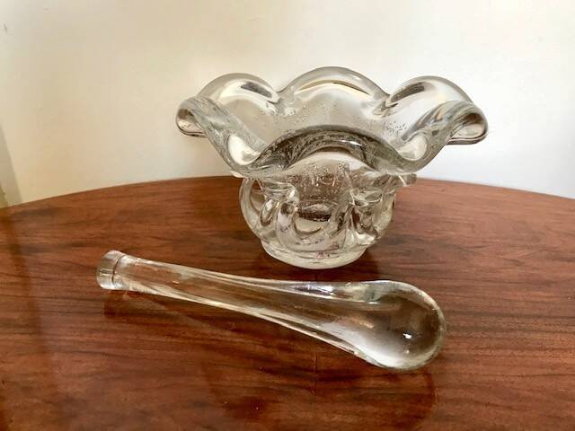 Vintage, empty glass pocket mortar from Biot around 1970.