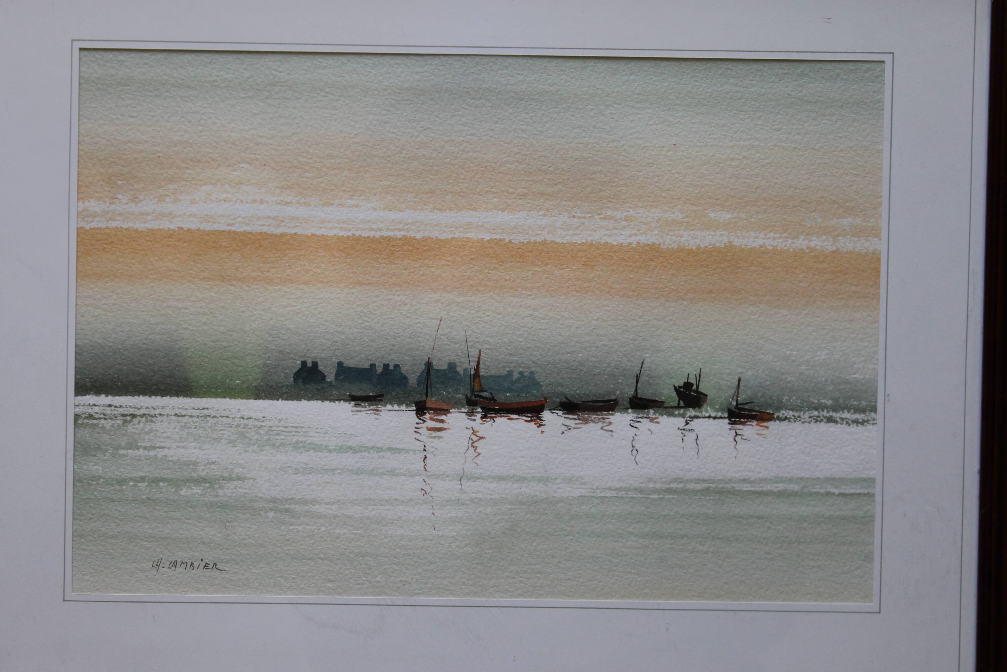 Watercolor "Au fil de l'eau" (boat on the sea) signed Cambier