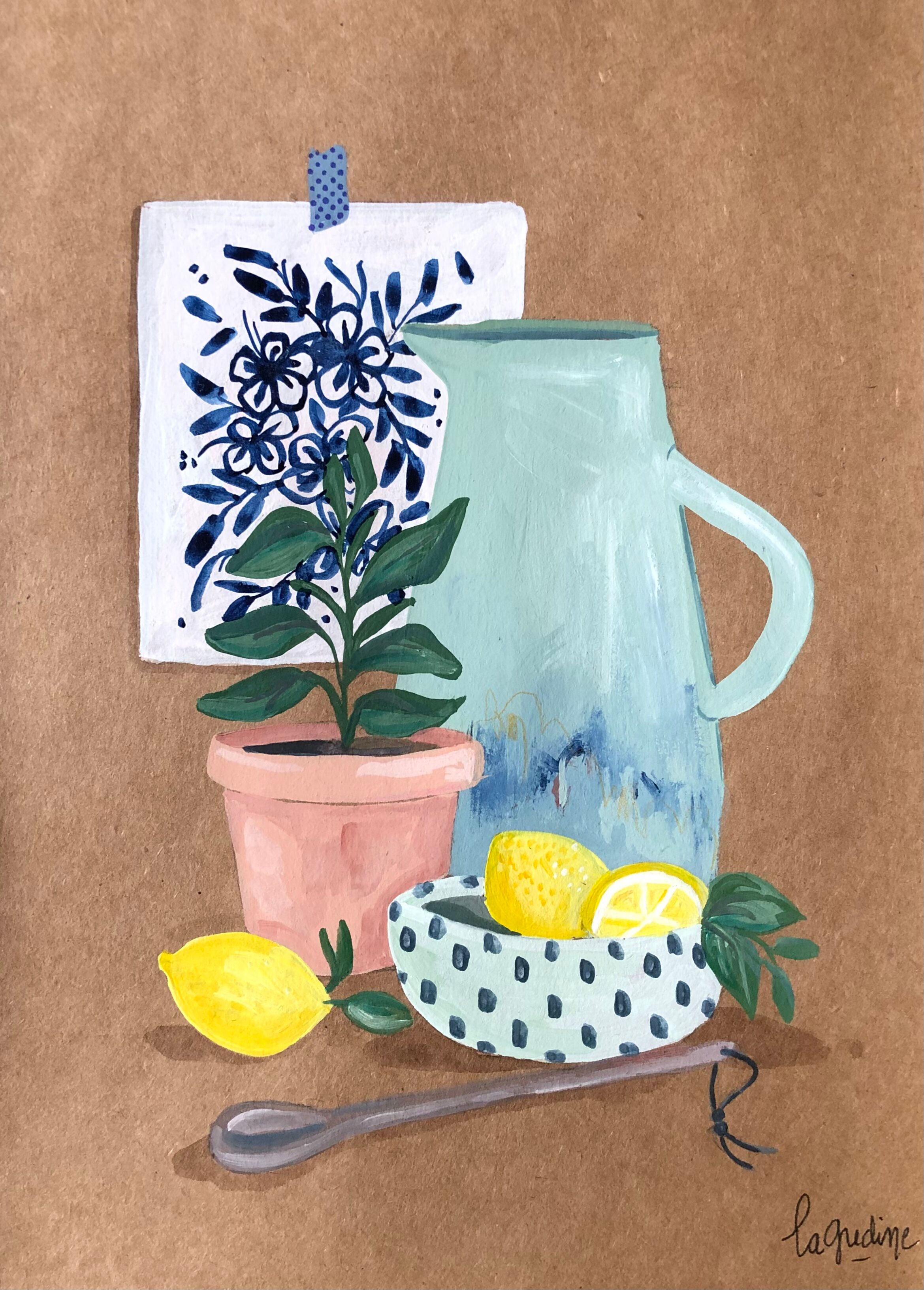 Original illustration A4 Blue and lemon carafe by Coeur de voyou