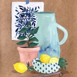 Original illustration A4 Blue and lemon carafe by Coeur de voyou