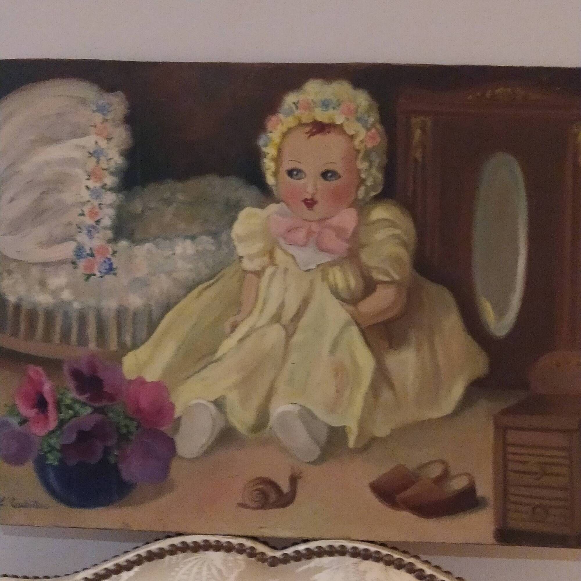 Oil on panel vintage 1930/1950 doll portrait