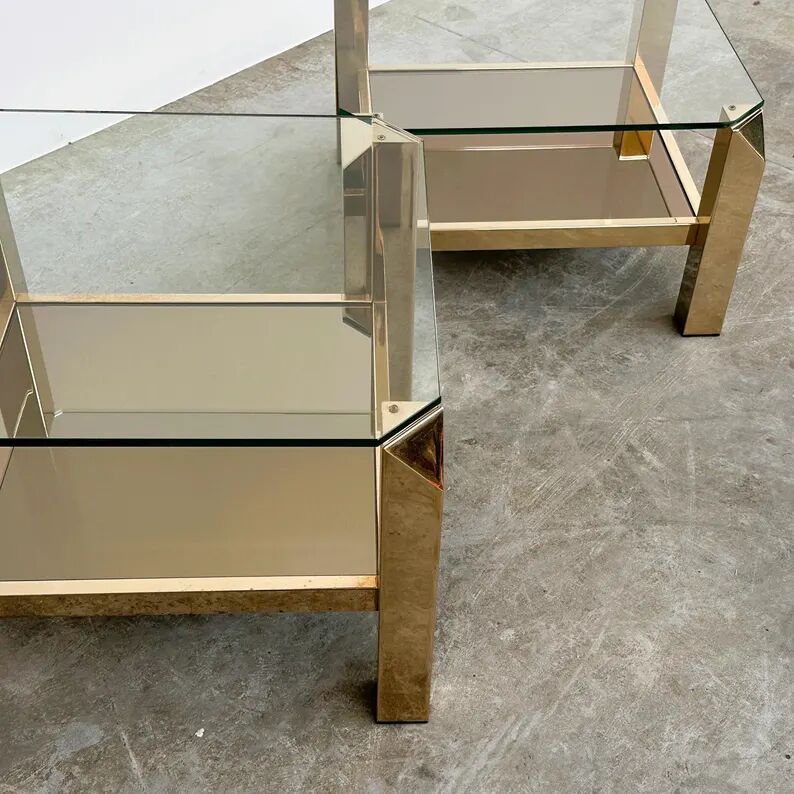 Set of 2 Belgo coffee tables in chrome brass and glass, Belgium, 1970s