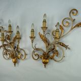 Pair of large floral wall lamps in gilded and lacquered metal. Italy 1960s