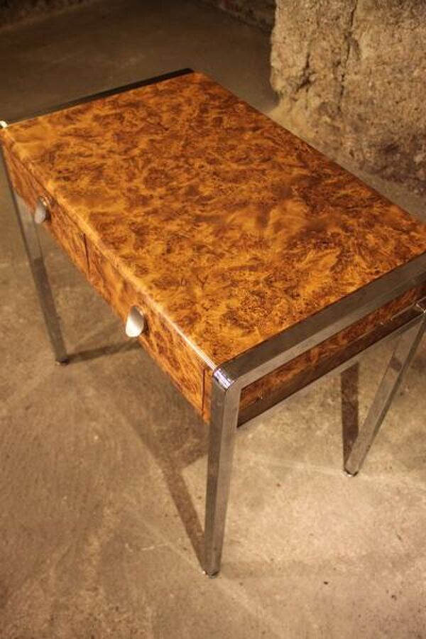 Petit bureau  coiffeuse 70 loupe de noyer piétement chrome