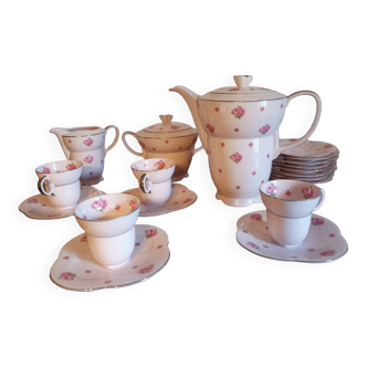 Powder pink Czechoslovakian porcelain coffee service with vintage rose decor