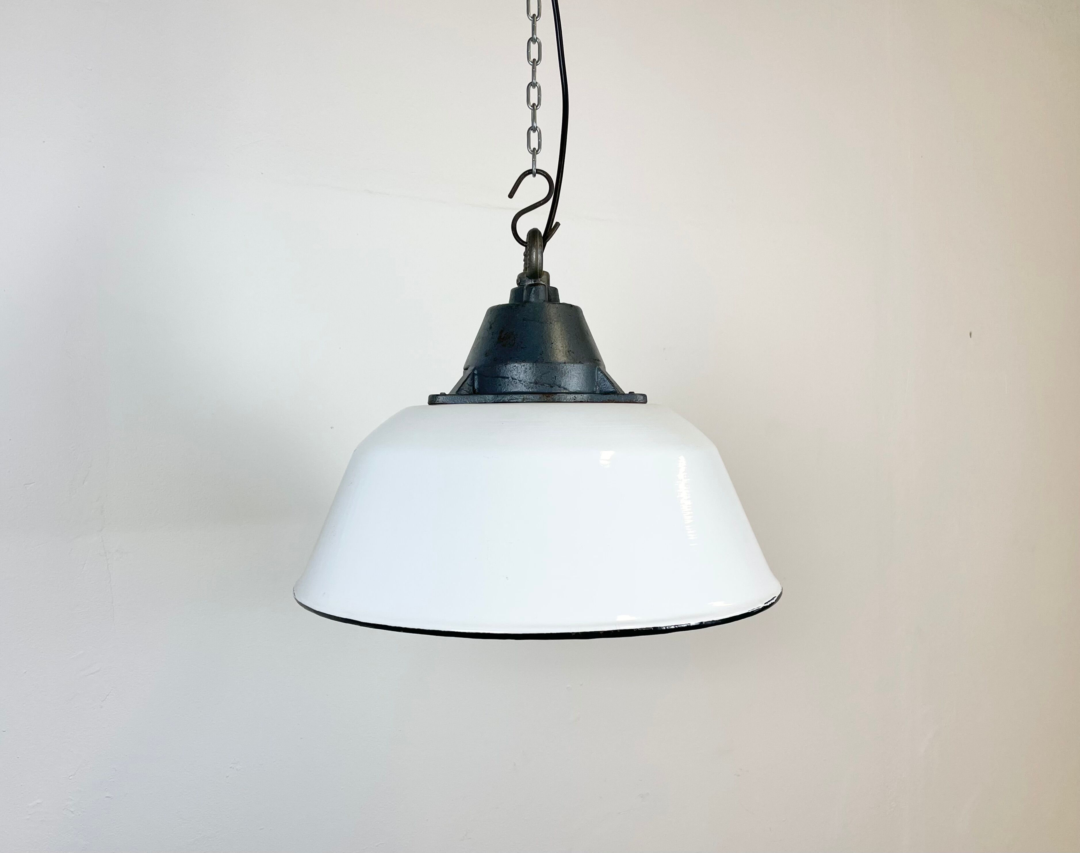White Enamel and Cast Iron Industrial Pendant Light, 1960s