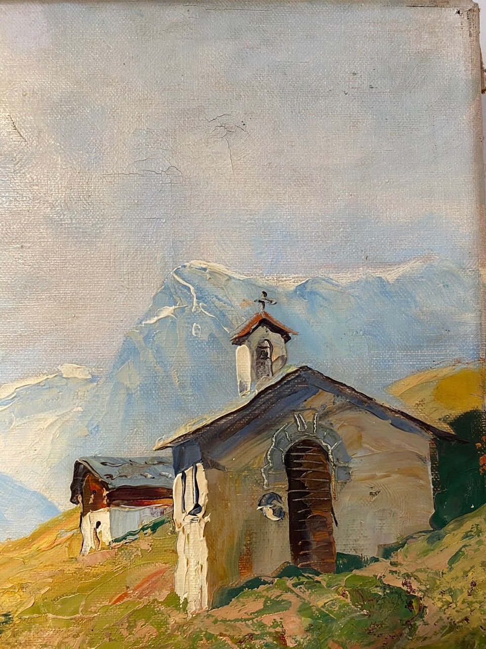 Old painting, Swiss mountain landscape signed H Herzer, mid-XX century