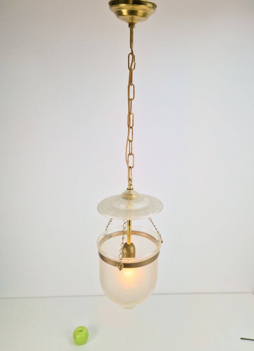 Vintage Brass and Mounted Glass Hundi Lantern Bell Lamp, 1950s
